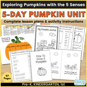 May include: A 5-day pumpkin unit for preschool and kindergarten teachers. The unit includes lesson plans, activities, and printable worksheets. The image shows a variety of activities, including a pumpkin vocabulary match, a pumpkin journal, and a how-to-grow-a-pumpkin booklet.