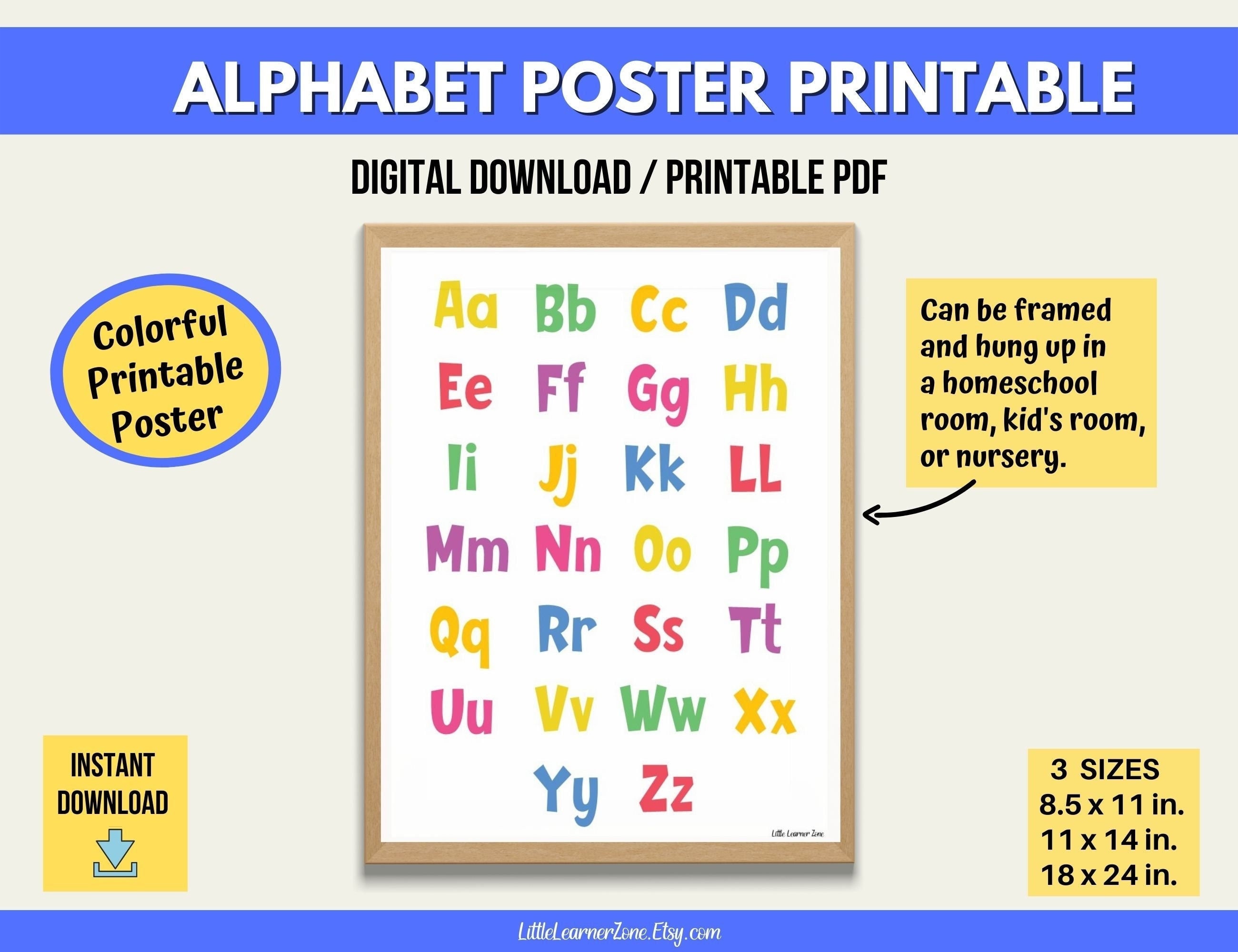 Printable Alphabet Poster, Kids Alphabet Chart, Colorful ABC Chart