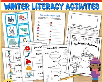 May include: A set of printable winter literacy activities for kindergarten and first grade. The activities include a winter scavenger hunt, a winter vocabulary word list, a how to build a snowman writing activity, a winter journal, and a winter game card set. The activities are black and white and feature illustrations of winter-themed objects.