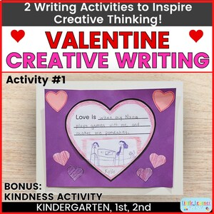 Może przedstawiać: Arkusz ćwiczeń kreatywnego pisania na Walentynki z tekstem "Valentine Creative Writing" i "Activity #1". Arkusz zawiera wycięcie w kształcie serca z tekstem "Love is when my Nana plays games with me and makes me pancakes."