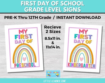 First Day of School Sign, First Day of School Pictures, Grade Level Back to School Printable, Preschool, Pre-K, Kindergarten-12th Grade Sign