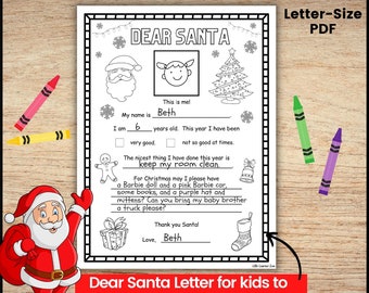 Letter to Santa Coloring Page, Printable Dear Santa Letter, Kid's Letter to Santa, Kids Christmas Wish List, Christmas Santa Coloring Page