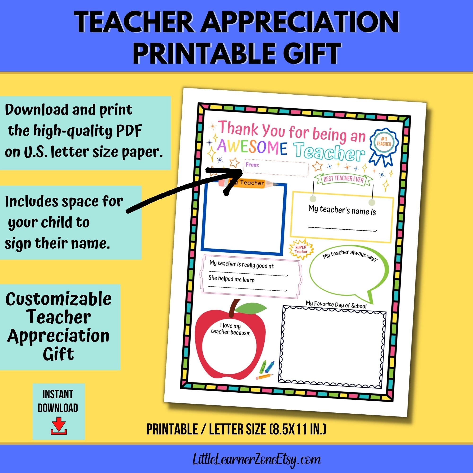 Teacher Appreciation Week Gift, All About My Teacher Printable , Thank ...