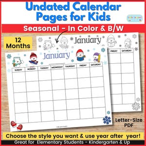 Undated Calendar for Kids, Cute Kids Coloring Calendar Printable, Blank Monthly Calendar Pages, Homeschool Calendar, Kids Seasonal Calendar