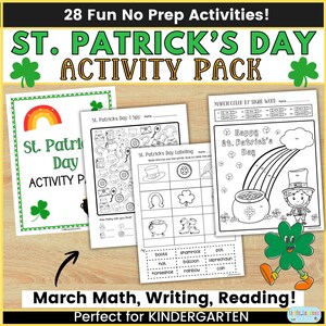 Kids St. Patrick's Day Activities Printable March Activity Pack for Kindergarten Coloring, Counting, Mazes, I Spy, Writing, Math Worksheets