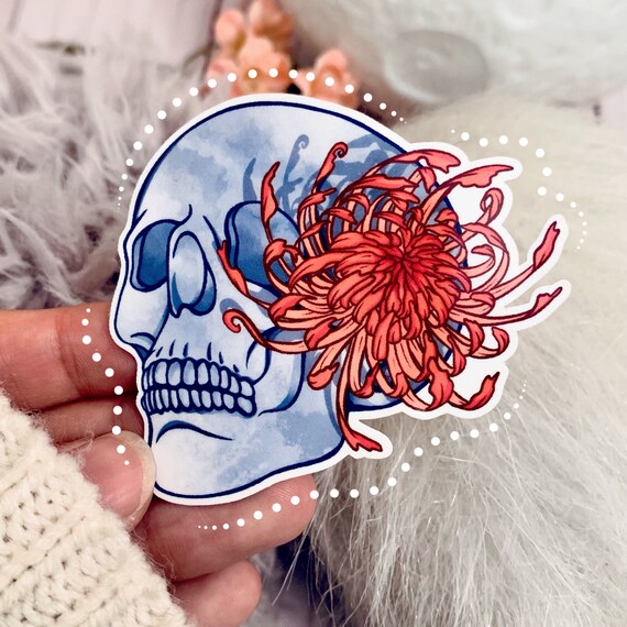 Floral Skull Sticker: Waterproof Japanese Higanbana Vinyl Decal