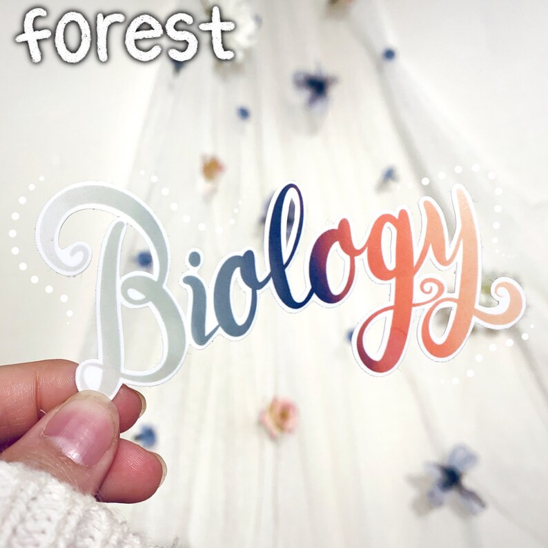 May include: A sticker with the word "Biology" written in a colourful gradient font. The sticker has a white background with small white dots.