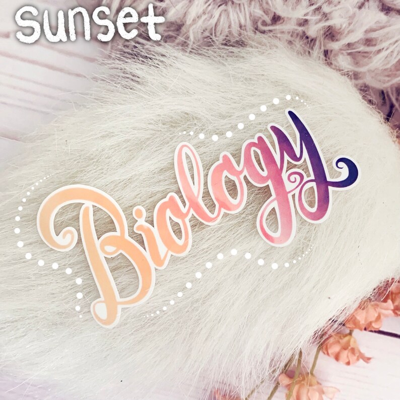 May include: A sticker featuring the word "Biology" written in a colourful, cursive font. The sticker has a gradient of pink, orange, and yellow colours. The background is a white, fluffy surface.