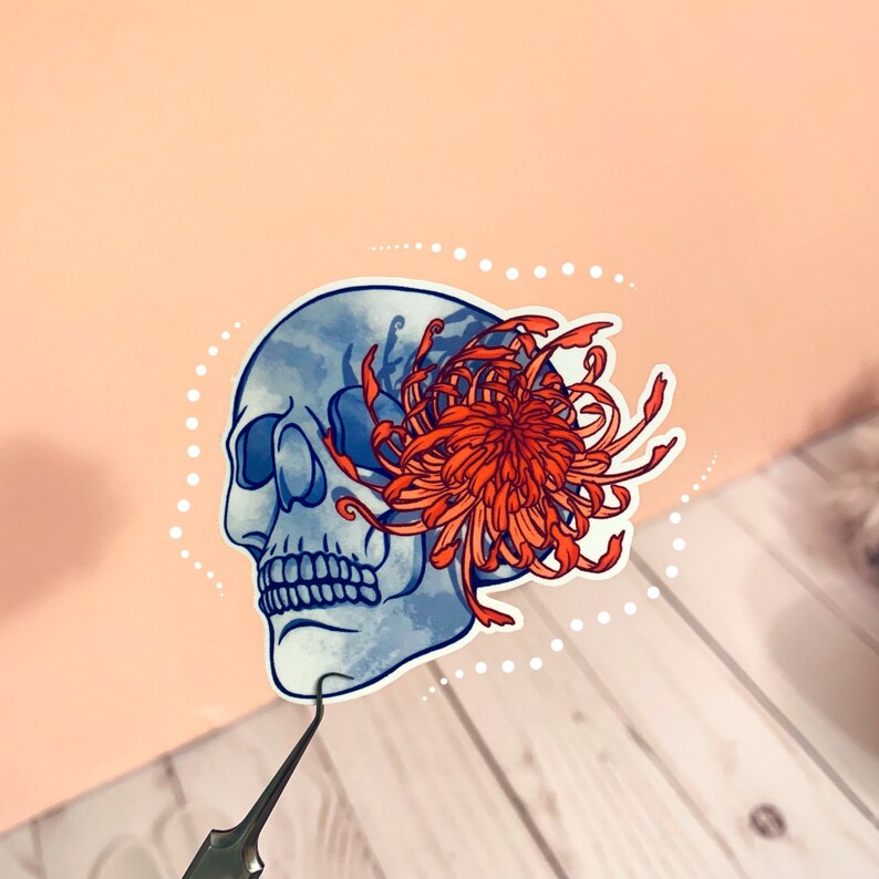 May include: A blue and white skull with a red and orange chrysanthemum flower growing out of its ear. The skull is a sticker with a white dotted border.