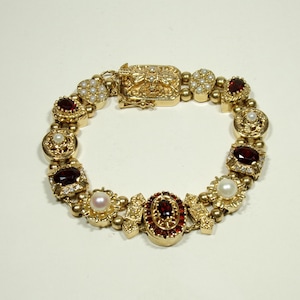 Vintage Victorian Revival 14K Gold Slide Bracelet with Garnets, Pearls and a Sprinkling of Diamonds