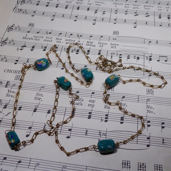 1920s Necklace - Lamp Worked Beads Spaced Between Fancy Gilded Brass Chain