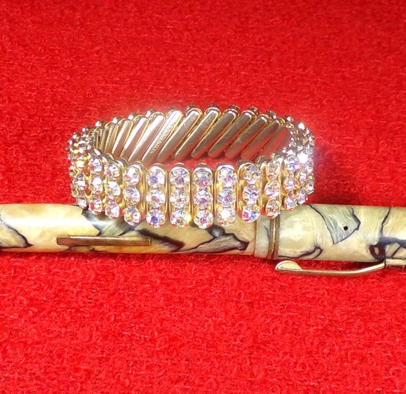 Gold Luster Rhinestone Bracelet – 1950s – 3 Rows - image 3