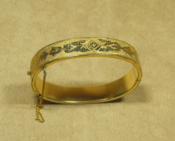 Antique Hinged Bangle Gold Filled Bracelet with T… - image 1