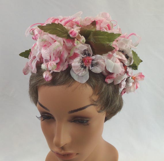 Vintage MISTERE Pink Floral Statement Hat Made In USA Size 22 1950s-PInk-Flower-Hat.jpg main image 2