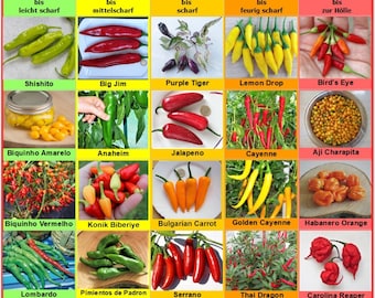 Hot Pepper Seeds  |  20 Varieties of Non GMO, Non Hybrid, Heirloom  |  for example Jalapeno, Habanero, Aji Charapita, Carolina Reaper...