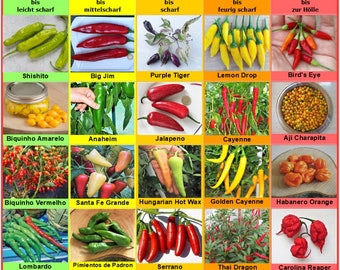 Chili Set 1: Chili seeds 20 varieties e.g. Jalapeno. Aji Charapita. Carolina Reaper ... seeds grown in Germany