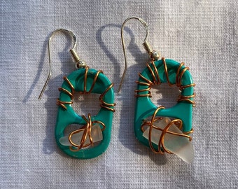 Wire Wrapped Turquoise Can Tab Sea Glass Earrings