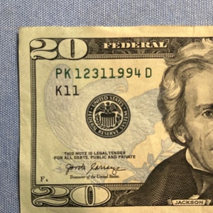12311994 Super Fancy Serial Number New Years Eve Anniversary Birthday Bank Note 20 Dollar Bill United States Federal Reserve Currency