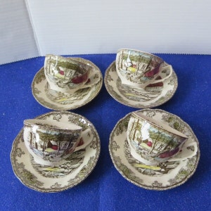 4 Pairs Vintage Tea Cups and Saucers, The Friendly Village Pattern by Johnson Bros Transferware, Made in England, Excellent Condition