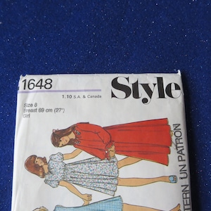 Style 1648 Vintage Pattern c. 1976 70s Child&#39;s and Girls Nightdress Nightgown Pajamas Size 8 BR 27
