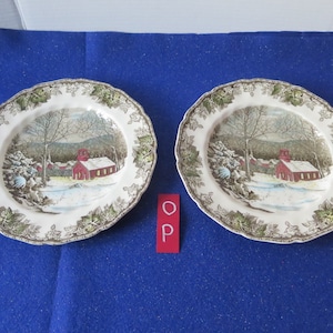 2 Vintage The Schoolhouse Ironstone Dinner Plates, The Friendly Village Pattern by Johnson Bros Transferware, Made in England, Version O+P