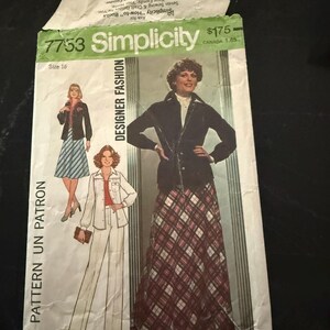 May include: Simplicity Designer Fashion sewing pattern 7753, size 16. The pattern features illustrations of women's clothing designs, including a jacket and skirt, and a pantsuit. The pattern's price is $1.75.