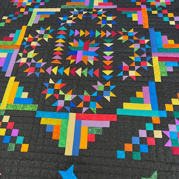 Handmade Bright Primary Colors on Black Warmth of Our Stars Quilt 98x108 hand quilted