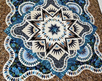 Blue & Brown Glacier Star Queen size Quilt 96x103 homemade, hand quilted