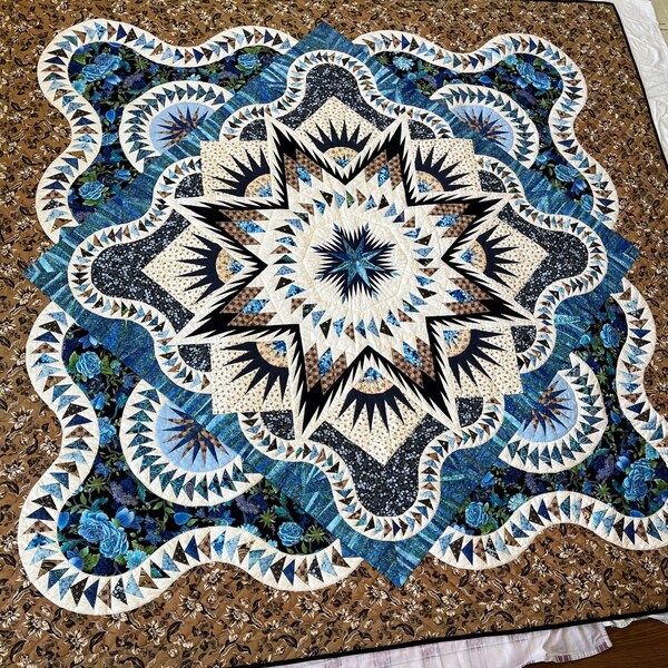 Blue & Brown Glacier Star Queen size Quilt 96x103 homemade, hand quilted