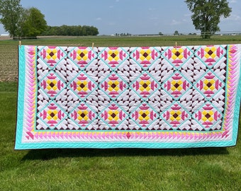 Handmade Rhododendron Trail quilt, hand quilted 93"x107" pink, aqua, yellow