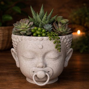 Maceta con forma de Buda bebé con orificios de drenaje, maceta para suculentas con forma de cabeza adorable, decoración para guardería, idea de regalo para meditación.