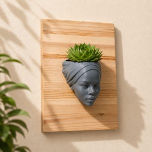 May include: A gray wall planter shaped like a woman's face, with a green succulent plant in the head wrap. The planter is mounted on a rectangular wooden board with horizontal wood grain.