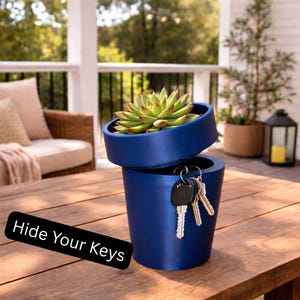 May include: A blue planter with a succulent plant and a hidden compartment for keys. The text "Hide Your Keys" is displayed on a black rectangle. The planter is on a wooden table.