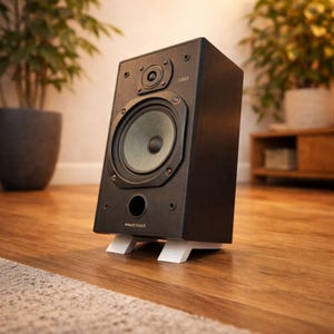 Puede incluir: Un altavoz Wharfedale C951 negro con un cono de altavoz verde, colocado sobre un soporte blanco. El altavoz está colocado sobre un suelo de madera, con plantas en el fondo. El altavoz tiene un altavoz redondo y un tweeter redondo más pequeño.