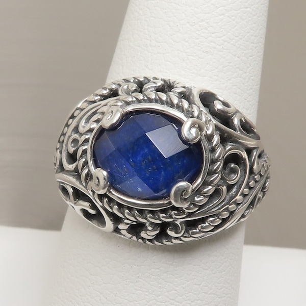 Authentic CAROLYN POLLACK Solid 925 Sterling Silver Faceted Lapis Scrolled Cable Dome Ring (Size:  7 3/4)