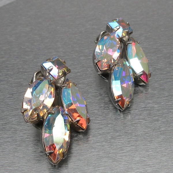 Vintage WEISS Art Deco Style Aurora Borealis Rhinestone Silver Tone Clip On Earrings