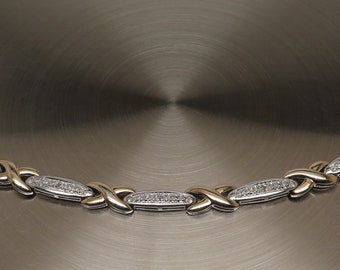 7" 925 Sterling Silver 14k Gold Plated Crossover Link 3 Genuine Diamonds Tennis Bracelet