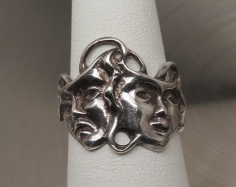 Tragedy Mask Drama Theatre Smile Sad Ring .925 Sterling Silver Band Sizes 5-12