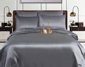 Juego de cama completo de seda satinada de lujo, 6 uds., funda nórdica, sábana bajera, 4 fundas de almohada