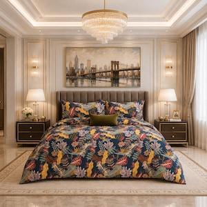 May include: A bedding set featuring a dark blue duvet cover and two matching pillow shams decorated with a vibrant tropical leaf and floral pattern in shades of yellow, red, green, and white, accompanied by a solid olive green rectangular pillow.