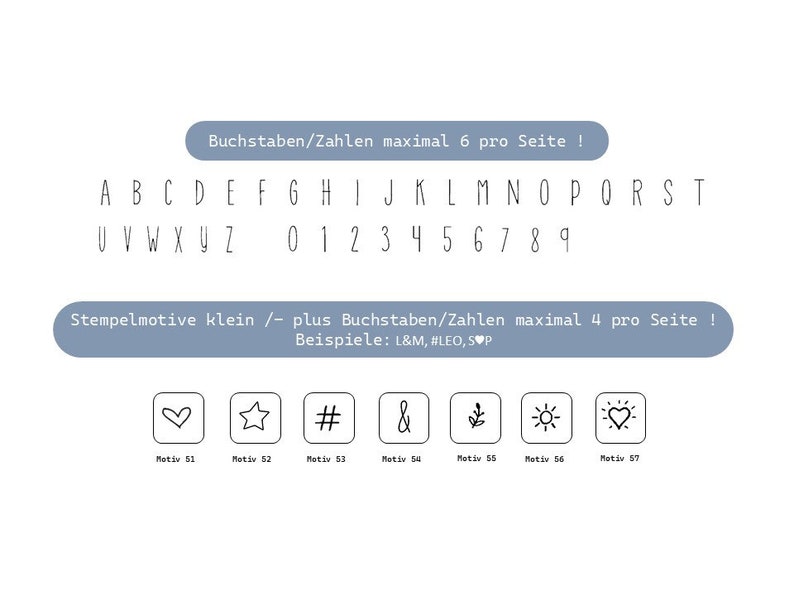 Puede incluir: Una hoja de papel con fondo azul y texto blanco. El texto dice "Buchstaben/Zahlen maximal 6 pro Seite!" y enumera el alfabeto y los n&uacute;meros del 0 al 9. Debajo, el texto dice "Stempelmotive klein / plus Buchstaben/Zahlen maximal 4 pro Seite!" y enumera ejemplos de dise&ntilde;os de sellos. Los ejemplos incluyen un coraz&oacute;n, una estrella, un hashtag, una ampersand, una hoja, un sol y un coraz&oacute;n.