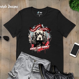 Cocky and Cuddly English Cocker Spaniel Cartoon Dog Unisex T-Shirt | Playful Pet Lover Apparel | Red & Blue Splatter Art Design