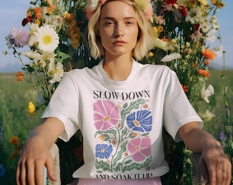 Slow down unisex t-shirt 100% organic cotton with regular fit - flower digital print - statement graphic t-shirt for men and women
