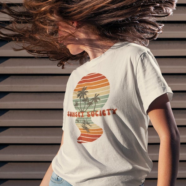 Unisex T-Shirt 100% Bio Baumwolle - Sunset Retro Motiv Grafik Shirt - Lässige Passform - Outdoor T-Shirt mit Print für Männer und Frauen -