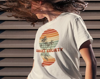 Unisex T-Shirt 100% Bio Baumwolle - Sunset Retro Motiv Grafik Shirt - Lässige Passform - Outdoor T-Shirt mit Print für Männer und Frauen -
