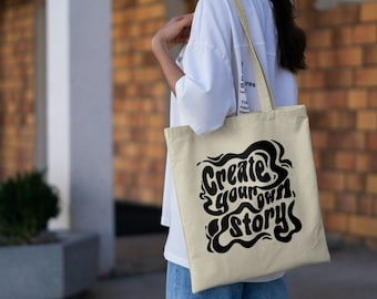 Organic jute bag thick fabric / create your own story / tote bag / statement / sustainable / lettering / fabric bag / organic cotton / motivation