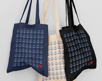 Anchor Organic Tote Bag-Maritime Cloth Bag-Carrying Bag-Tote Bag-Heart-Shipping-Organic Cotton Women Motif-Sea Love