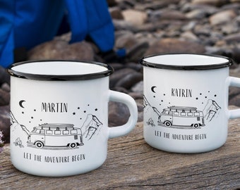 Pack of 2 Enamel Mug Camper Black Personalizable Printed on Both Sides Motorhome Travel Vanlife Gift Surfing Mug Outdoor Sustainable