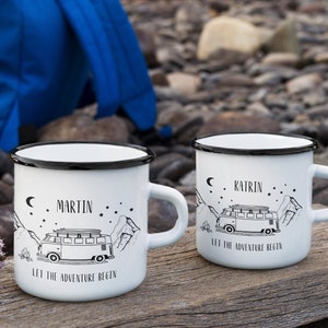 Pack of 2 Enamel Mug Camper Black Personalizable Printed on Both Sides Motorhome Travel Vanlife Gift Surfing Mug Outdoor Sustainable