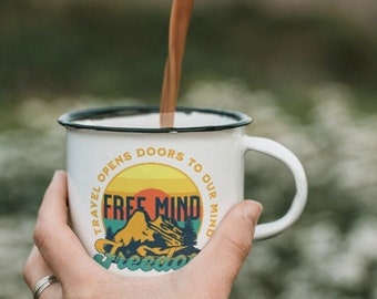 Travel enamel mug printed on both sides - sustainable drinking mug with mountains - outdoor gift mug - travel accessories - freedom